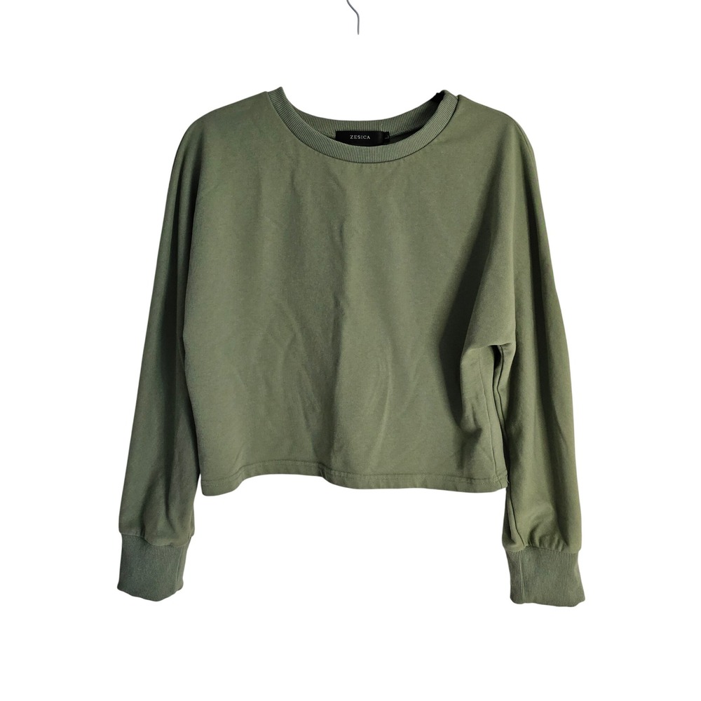 Zesica Women's Olive Green Cropped Crewneck Sweatshirt Large Soft Girl Gorpcore